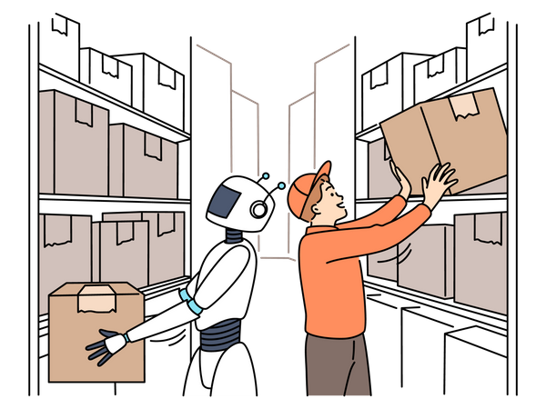 Robot humanoide trabajando en almacén  Ilustración