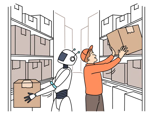 Robot humanoide trabajando en almacén  Ilustración
