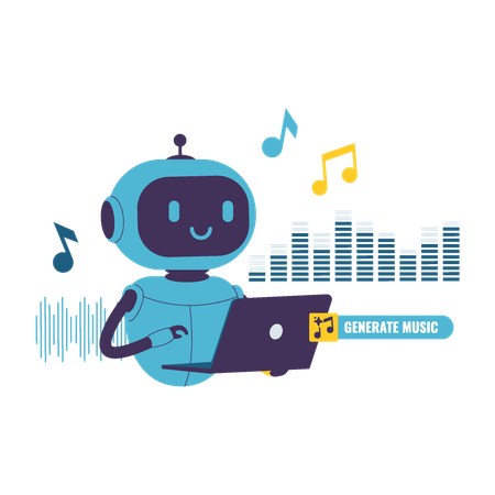 Un robot IA génère de la musique à l'aide d'un ordinateur portable  Illustration