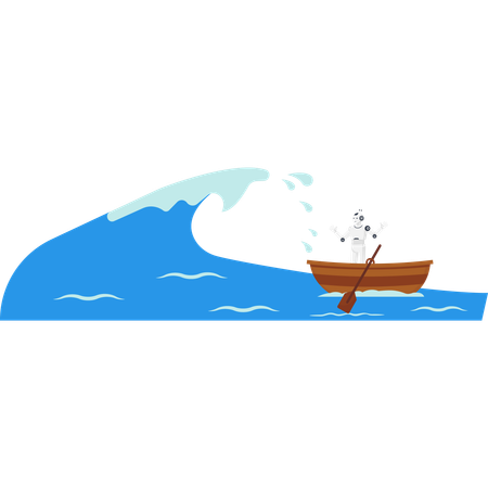 Robot in a rowboat facing a giant sea wave symbolizing business challenge, crisis, and disruption  Illustration