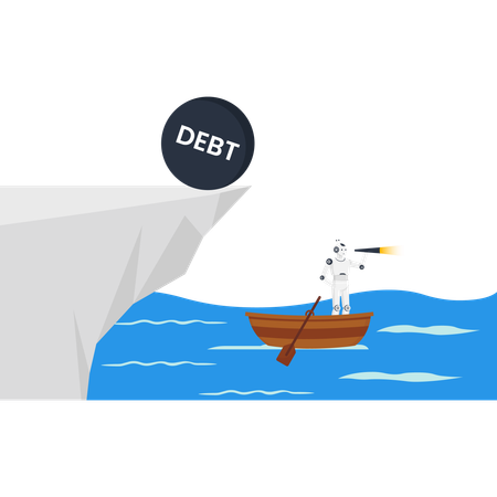 Robot in boat navigating financial risk with large debt ball falling from cliff conceptual art  Illustration