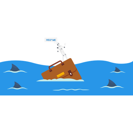 Robot in danger on a sinking briefcase surrounded by sharks asking for help in the ocean  Illustration