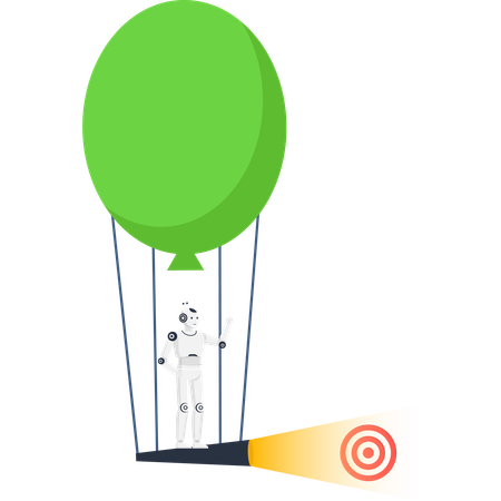 Robot in hotir balloon targeting goal with light beam for business strategy  Illustration