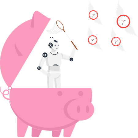 Robot in piggy bank catching flying clocks with net for time management and savings  Illustration