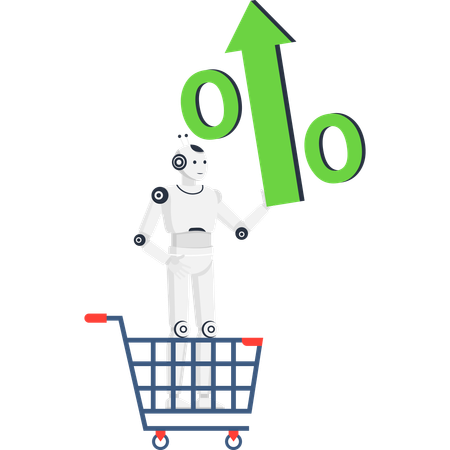 Robot in shopping cart holding percentage sign with arrow up symbolizing sales growth and AI in retail  Illustration