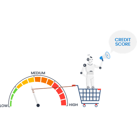Robot in shopping cart pulling credit score meter to high rating for financial technology and loan approval  Illustration