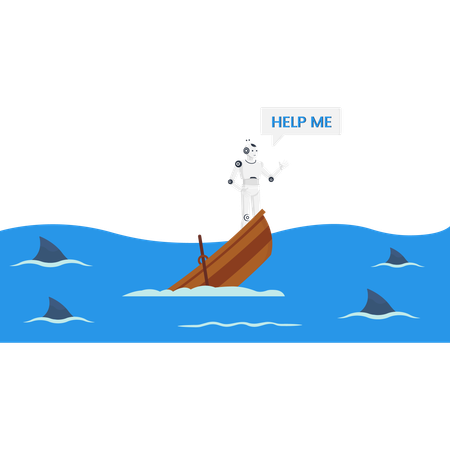Robot in sinking boat asking for help surrounded by sharks. Business risk, crisis, and technology failure concept.  Illustration