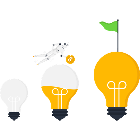 Robot investing in light bulb idea for business growth and success  with AI funding innovation from startup to achievement  Illustration