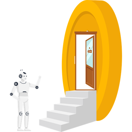 Robot inviting to open door with future sign leading up stairs  of artificial intelligence and technology progress  Illustration