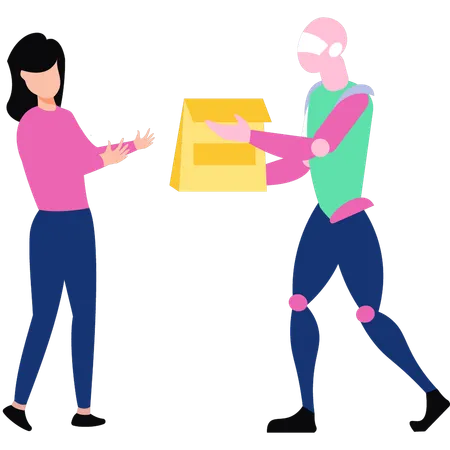 Robot is delivering the parcel to the girl  Illustration