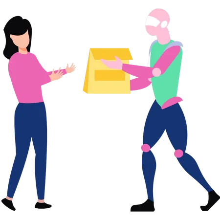 The Robot Is Delivering The Parcel To The Girl Illustration
