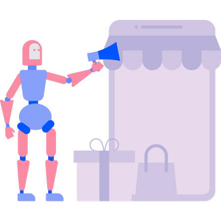 Robot is doing shopping marketing through megaphone  Illustration