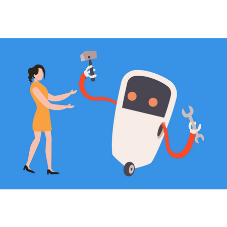 Robot is holding a hammer and wrench  Illustration