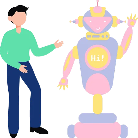 The Boy Is Saying Hi To The Robot Illustration