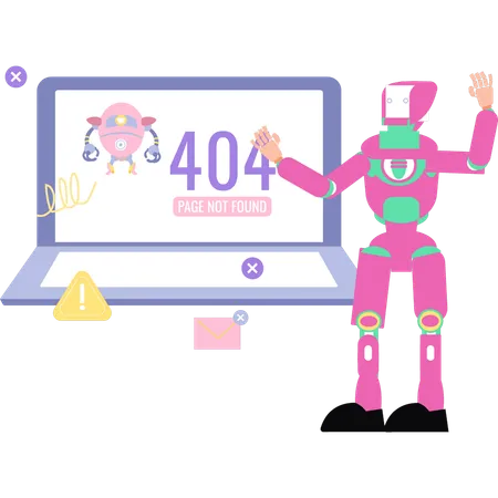 Robot is showing 404 error page on laptop  Illustration