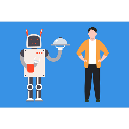 Robot is standing next to a dish of food  Illustration