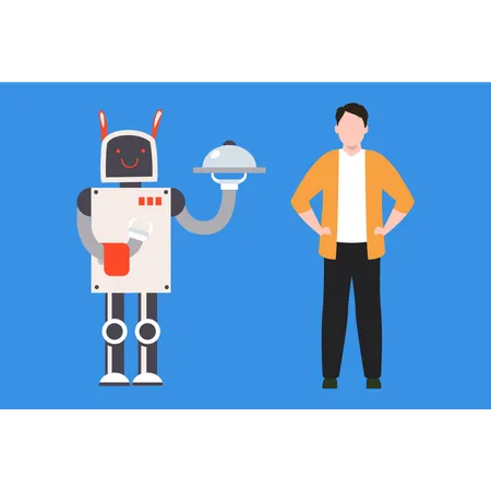 The Robot Is Standing Next To A Dish Of Food Illustration
