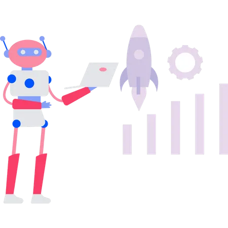 Robot Is Working On A Rocket Startup Illustration