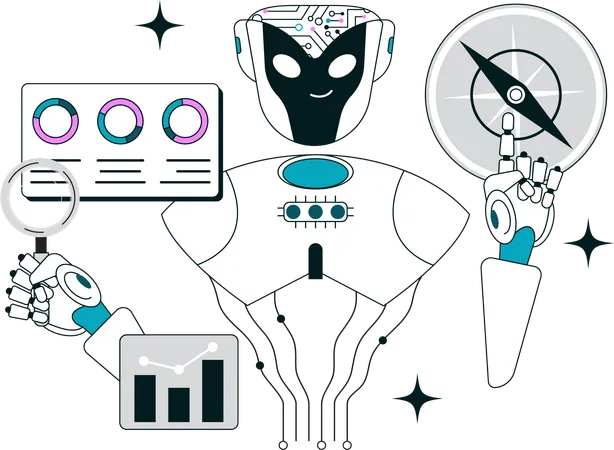 Robot is working on business analysis  Illustration