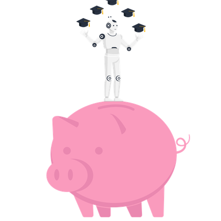 Robot juggling graduation caps on a large piggy bank  for education savings and AI technology in learning  Illustration