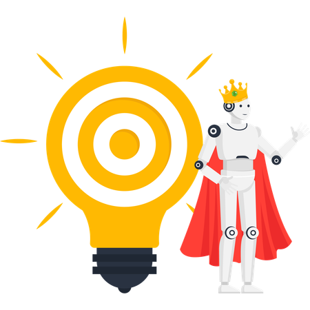 Robot king in crown and red cape with a lightbulb target representing AI innovation and smart ideas  Illustration