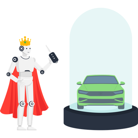 Robot king in red cape holding car key next to a green vehicle under a glass dome display  Illustration