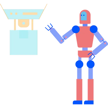 Robot looking at parcel delivering by drone  Illustration