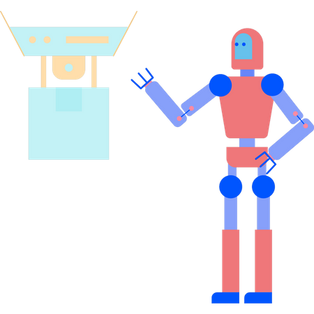 Robot looking at parcel delivering by drone  Illustration