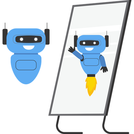 Robot looking at strong ideal self superhero reflection mirror  Illustration