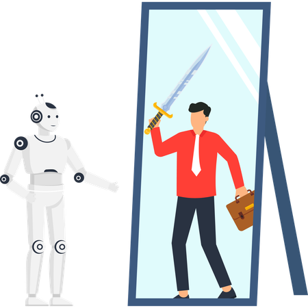 Robot looking in mirror sees businessman warrior reflection  of artificial intelligence versus human in business  Illustration