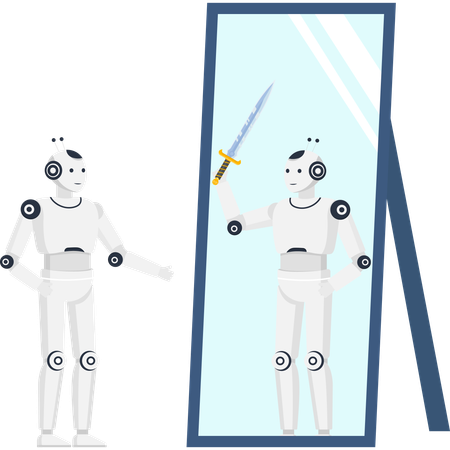 Robot looking in mirror with reflection holding sword representing self perception ambition and artificial intelligence potential  Illustration