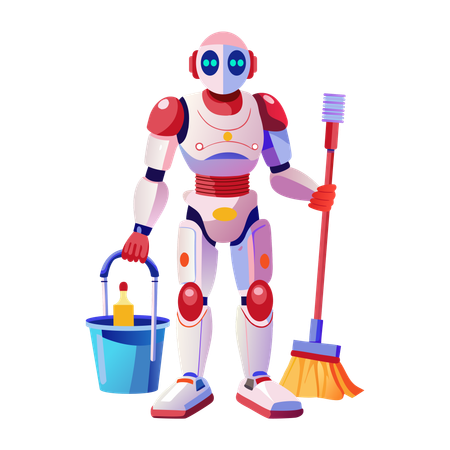 Robot maid standing with mop  Illustration