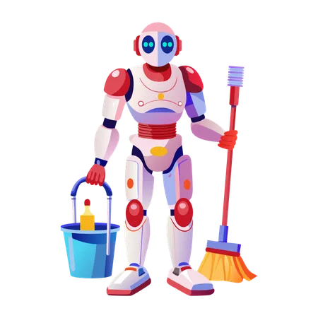 Robot maid standing with mop  Illustration