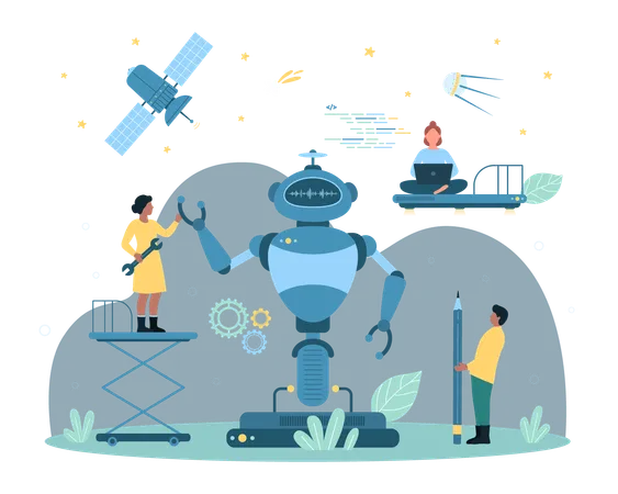 Cartoon Tiny People Building Cyborg With Electronic Tools Software And AI Assistance In Factory Futuristic Robotic Evolution And Tech Innovation Robot Making Technology Set Vector Dark Concept Illustration