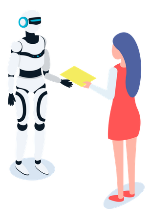 Máquina automática robot comunicándose con mujer.  Ilustración