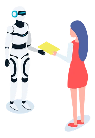 Máquina automática robot comunicándose con mujer.  Ilustración