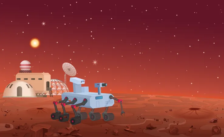 Robot de Marte trabajando en instalaciones de Marte  Ilustración