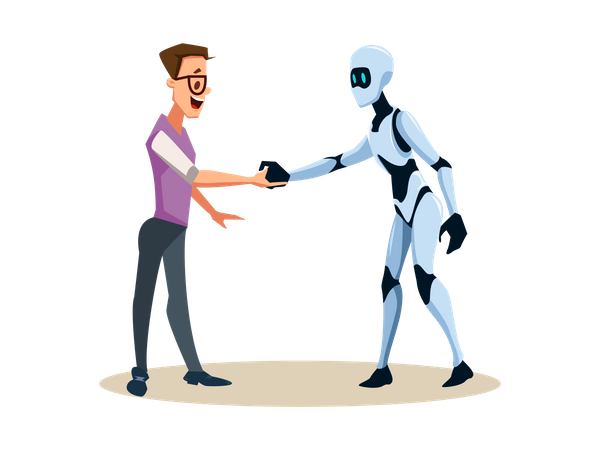 Robot masculino dando la mano a un empleado humano  Ilustración