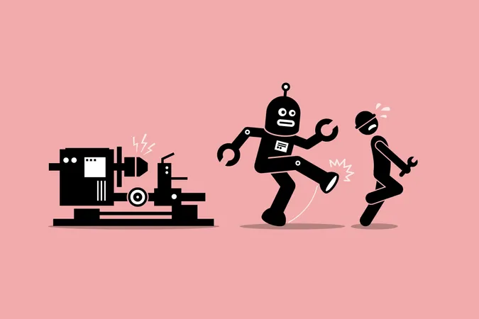 Robot mechanic kicks away a human technician worker from doing his job at factory  Illustration