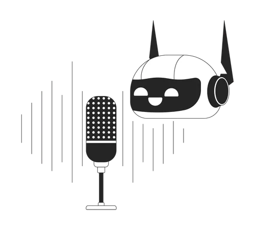 Robot Microphone Recording Black And White 2 D Line Cartoon Object AI Audio Record Mic Isolated Vector Outline Item Innovative Technology Artificial Intelligence Monochromatic Flat Spot Illustration Illustration