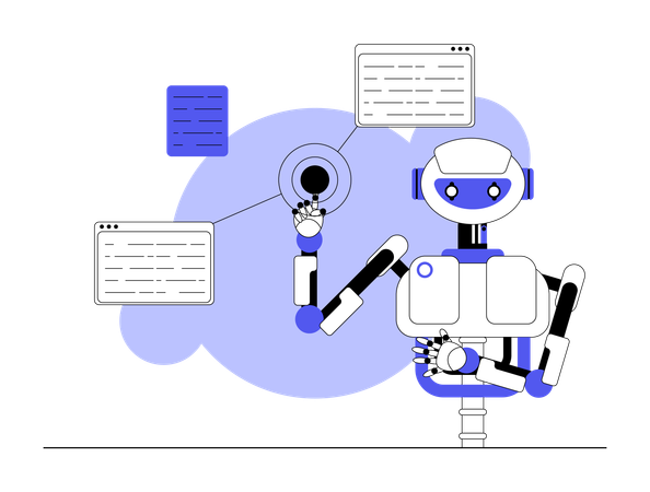 Un robot montre les données d'un fichier de bureau lors d'une réunion  Illustration