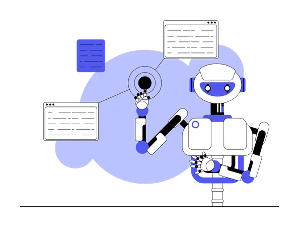 Un robot montre les données d'un fichier de bureau lors d'une réunion  Illustration