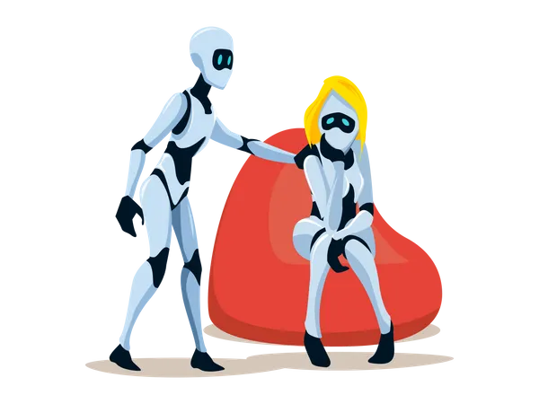 Triste Chica Robot Sentada En Una Silla De Puf Bot Man Stand Amigo De Apoyo Al Personaje De Inteligencia Artificial Masculina Tecnologia De Oficina Moderna Cyborg Femenino Pensativo Ilustracion Vectorial De Dibujos Animados Planos Ilustración