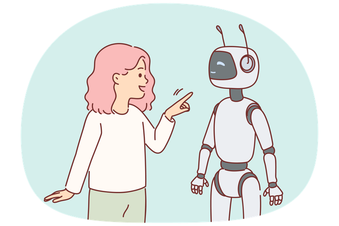 Robot nanny near little girl playing with cyborg and considering bot best friend  Illustration