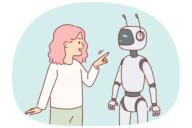 Robot nanny near little girl playing with cyborg and considering bot best friend  Illustration