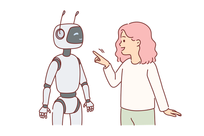 Robot nanny near little girl playing with cyborg and considering bot her best friend  イラスト