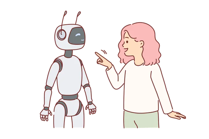 Robot Nanny Near Little Girl Playing With Cyborg And Considering Bot Best Friend Without Any Fear Of Technology Preschool Child Teaches Robot Correct Behavior And Gives Commands For Action Illustration