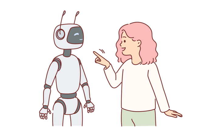 Robot nanny near little girl playing with cyborg and considering bot her best friend  Illustration