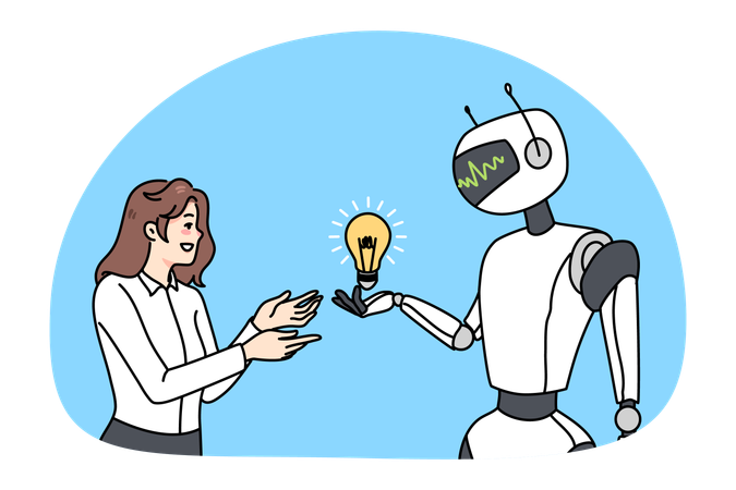 ロボットが女性従業員に電球を差し出す  イラスト