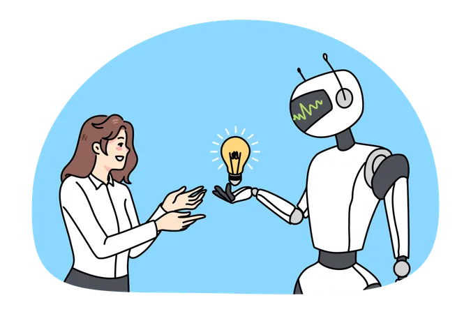 ロボットが女性従業員に電球を差し出す  イラスト